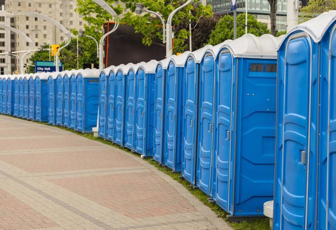 a line of portable restrooms at a sporting event, providing athletes and spectators with clean and accessible facilities in Annandale